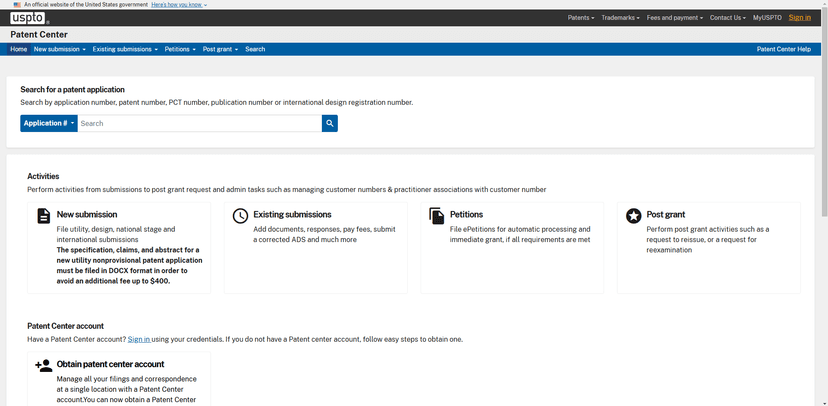 Patent Center screenshot